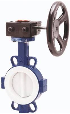 Robinet fluture tip wafer, fier ductil si PTFE, disc inox + PTFE, operare cu roata, flanse ANSI 150 si PN 10/16, 5&QUOT;
