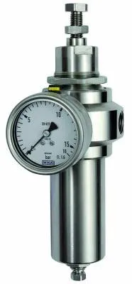Filtru regulator din Inox, reversibil, descarcare proprie, purja manuala, manometru din inox