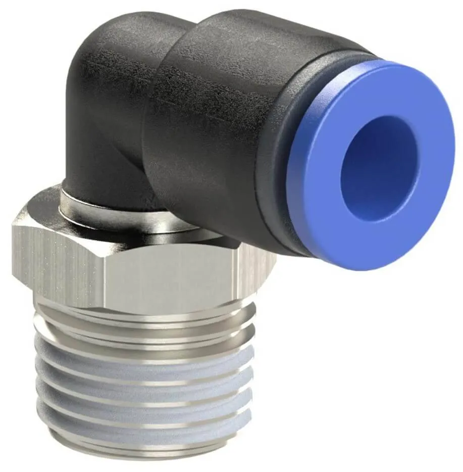 Cupla L push-in cu filet conic exterior etansat cu PTFE, seria standard