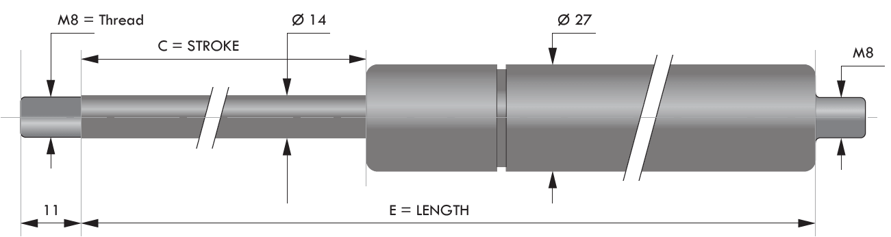 Arc cu gaz de compresie, capete filetate, tija 14 mm (M8), cursa 300 mm, 500N, L=655 mm