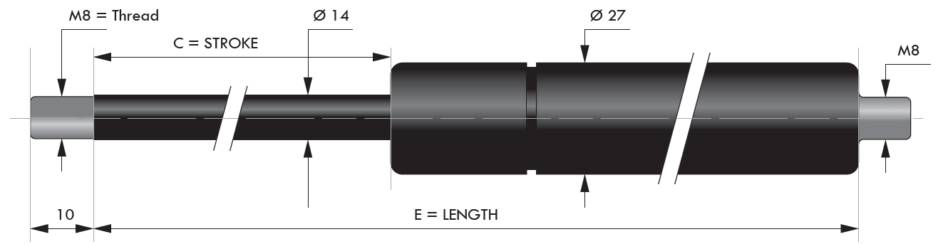 Arc cu gaz de compresie, capete filetate, valva, tija 14 mm (M8), cursa 300 mm, 770N, L = 655 mm