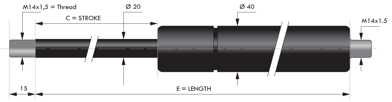 Arc cu gaz de compresie, capete filetate, valva, tija 20 mm (M14), cursa 250 mm, 4190N, L = 616 mm