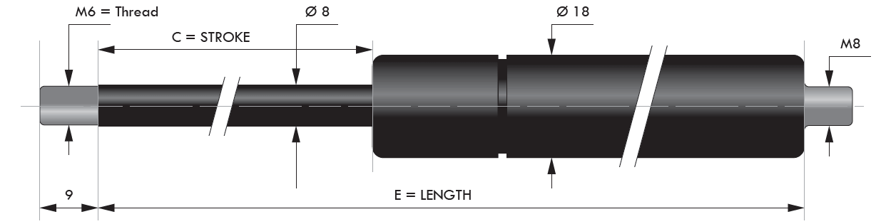 Arc cu gaz de compresie si capete filetate (M6-M8), tija 8 mm, cursa 210 mm, 280N, L = 455 mm