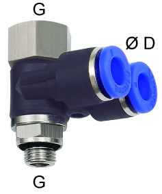 Cupla Y rotativa cu 2 conexiuni push-in 8mm si filet int./ext. G 1/4&QUOT; cu O-ring, POM/alama