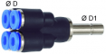 Distribuitor Y cu 4 conexiuni push-in 6mm si adaptor 8mm, POM/alama