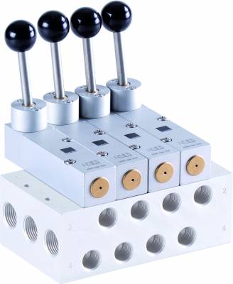 Distribuitor 5/2 cu maneta, cu retinere - montaj pe placa