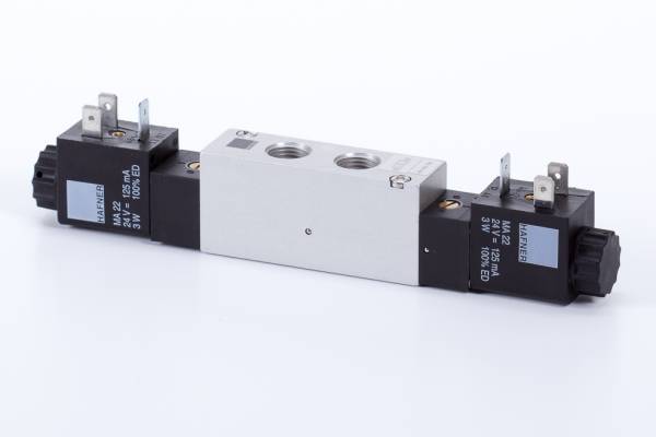 Distribuitor 5/3 electric, montaj pe placa, centru presurizat, porturi distribuitor, tip MH
