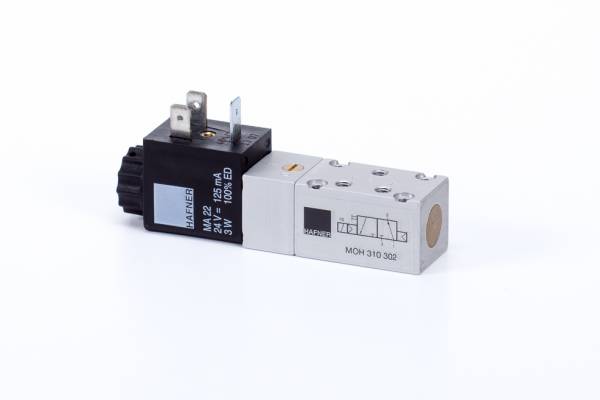 Distribuitor 3/2 electric, monostabil, montaj in linie tip MH, NO, porturi M5, 180 l/min