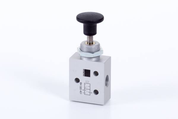 Distribuitor 3/2 cu buton incorporat - montaj in panou, G 1/8, cu retinere