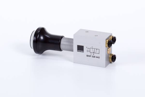 Distribuitor 3/2 cu buton, bistabil si resetare pneumatica