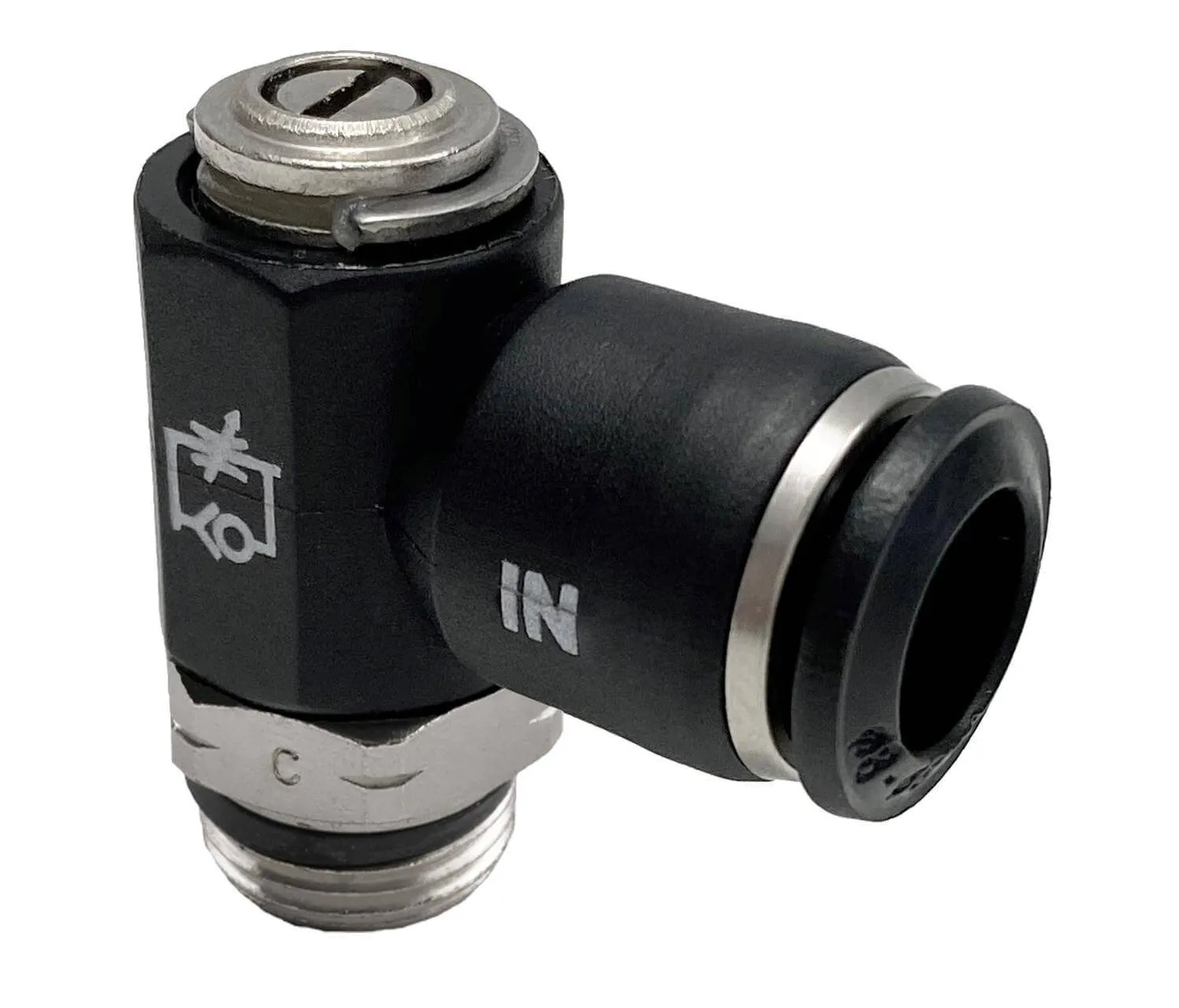 Drosel cu filet ext. si conector push-in, reglaj cu surubelnita, droselizare furtun - filet