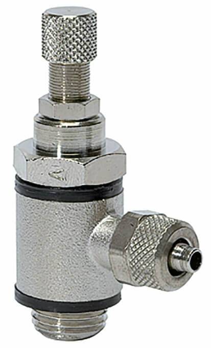 Drosel metalic cu filet exterior cilindric si conector push-on, reglaj cu surub, droselizare furtun - filet