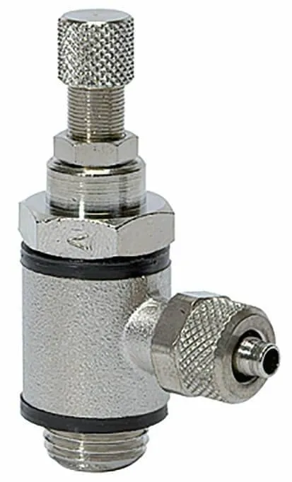 Drosel metalic cu filet exterior cilindric si conector push-on, reglaj cu surub, droselizare furtun - filet
