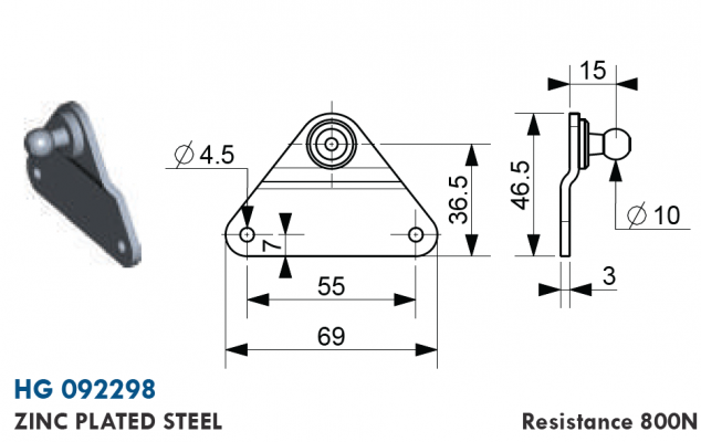 Suport plat cu bila 10 mm, gauri prindere 4,5 mm, L = 69 mm, otel zincat