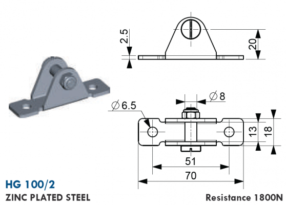Suport tip U cu axa 8 mm, gauri prindere 6,5 mm, L = 70 mm, otel zincat