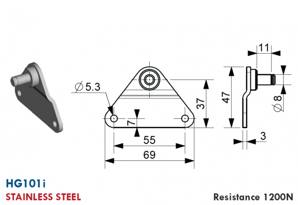Suport plat cu axa 8 mm, inox