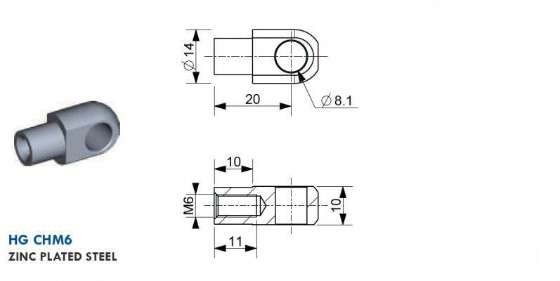 Ochi cu filet M6, Ø 8,1 mm, L=20 mm, grosime 10 mm, otel zincat