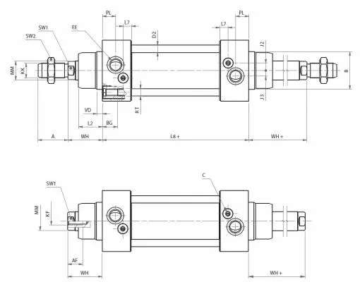 Cilindru inox dubla actiune magnetic cu amortizare si tija bilateriala, ISO 15552