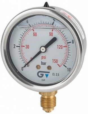 Manometru cu glicerina, inox / alama, 0 - 10 bar/ 0 - 150 psi, G 1/4&QUOT; radial, Ø63