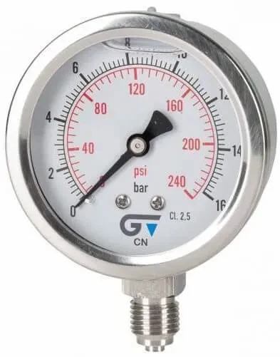 Manometru cu glicerina, complet inox, bar/psi, atac radial BSP / NPT, Ø 63, 100