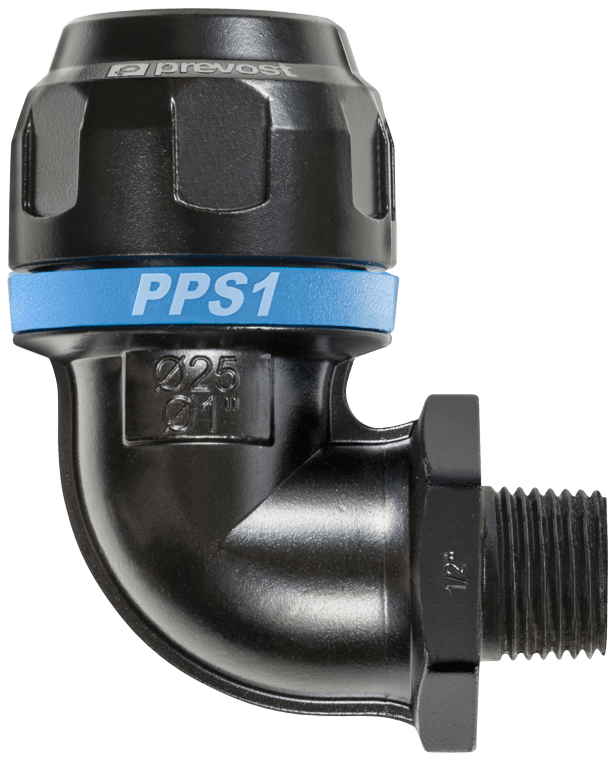 Cupla push-on L 90°, filet exterior, pentru teava