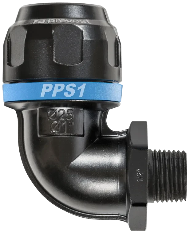 Cupla push-on L 90°, filet exterior, pentru teava