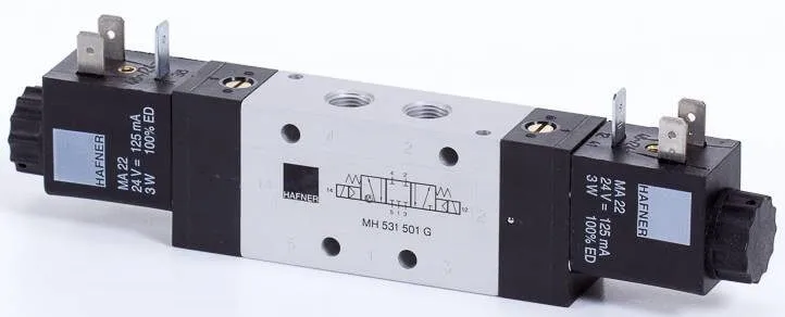 Distribuitor 5/3 electric, centru exhaustat, montaj in linie - pe placa