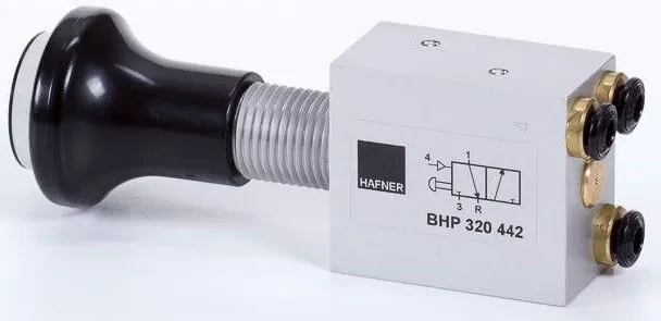 Distribuitor 3/2 cu buton, bistabil si resetare pneumatica