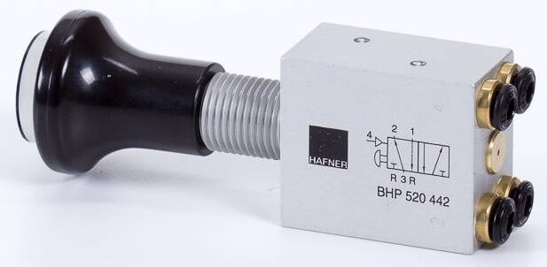 Distribuitor 5/2 cu buton, bistabil si resetare pneumatica