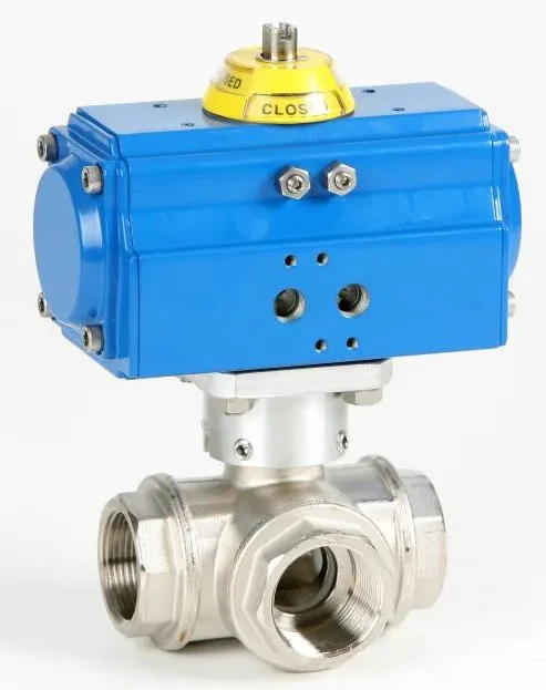 Robinet cu bila, 3 cai, tip L, filete int., act. pneumatic