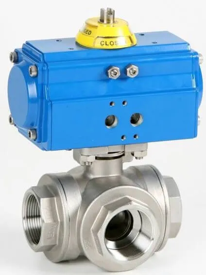 Robinet cu bila, 3 cai, tip L, filete int., act. pneumatic