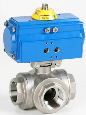 Robinet din inox cu bila, 3 cai, tip T, filete int. G 1 1/4, actuator pneumatic dubla actiune, PN 63