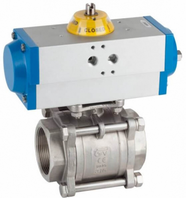 Robinet din inox cu bila, 3 piese, conex. sudabile 1 1/4&QUOT;, actuator pneumatic dubla actiune, PN 63