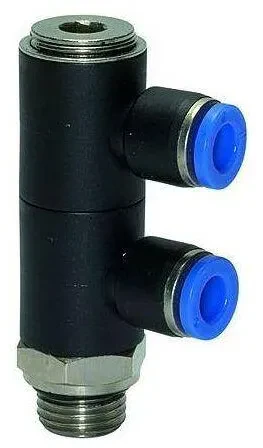 Ramificator L push-in cu 2 iesiri, cap hexagonal, filet cilindric exterior si O-ring, seria standard