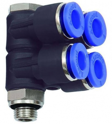 Ramificator L push-in cu 4 iesiri, filet cilindric exterior cu O-ring, standard, G 1/4&QUOT; - 6 mm