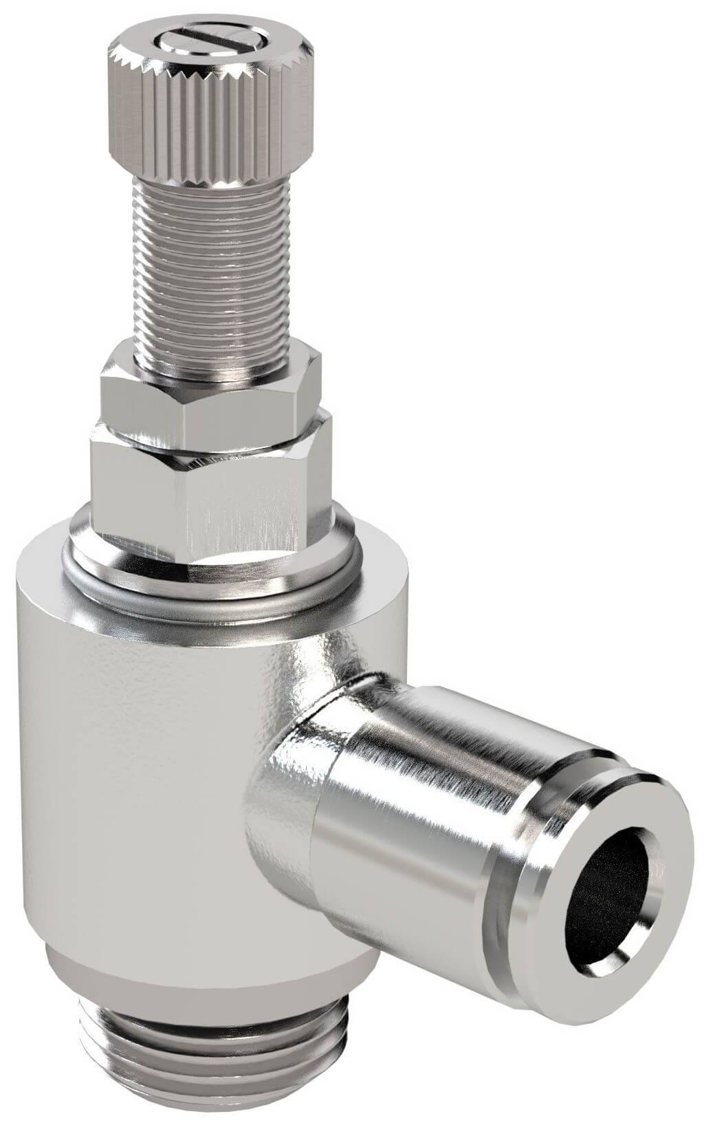 Drosel metalic cu filet exterior cilindric si cupla push-in, reglaj cu surub, droselizare filet - furtun