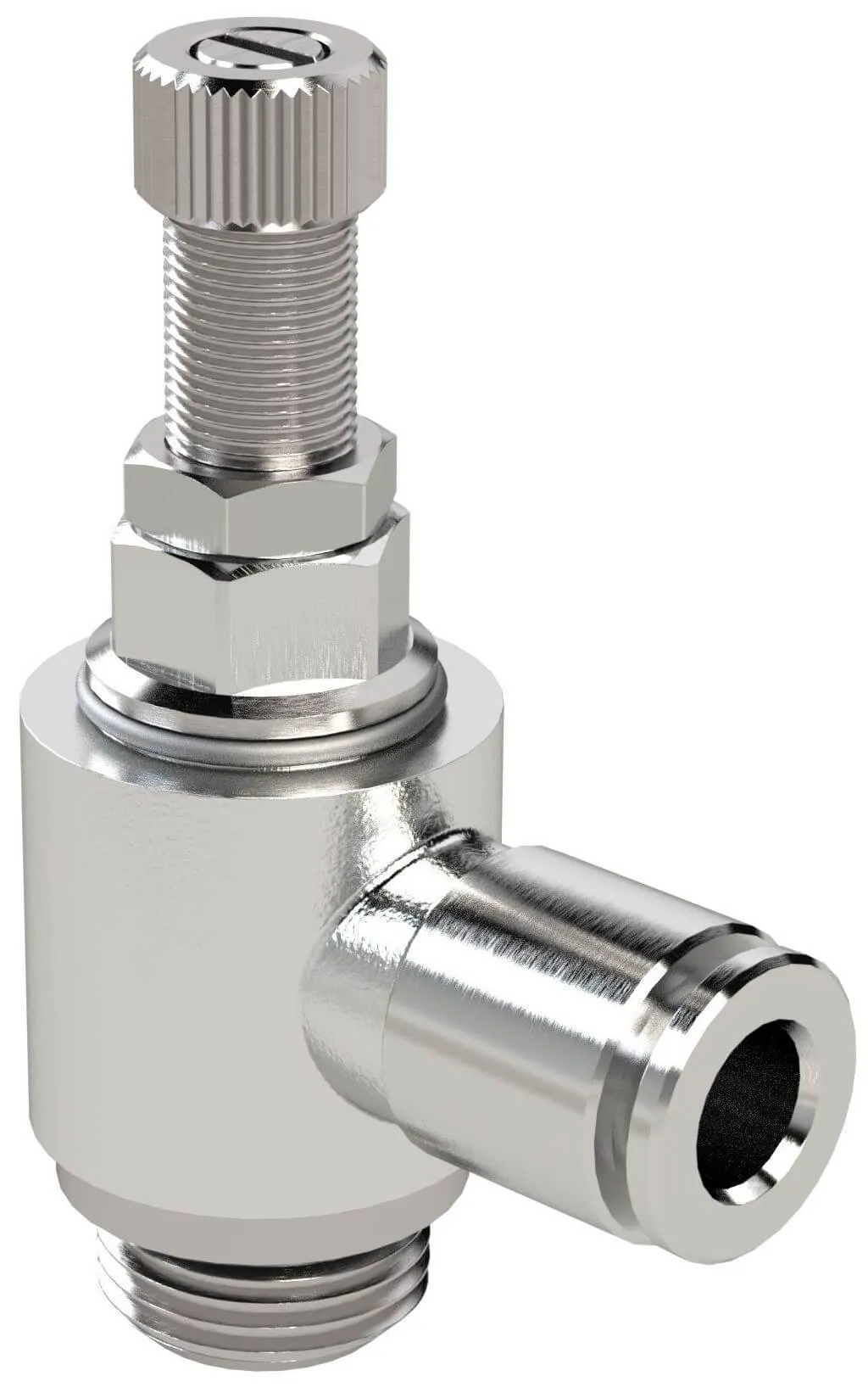 Drosel metalic cu filet exterior cilindric si cupla push-in, reglaj cu surub, droselizare filet - furtun