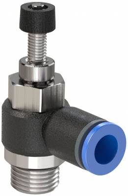 Drosel cu filet exterior G 3/8 si cupla push-in 10 mm, reglaj cu surub, droselizare filet - furtun