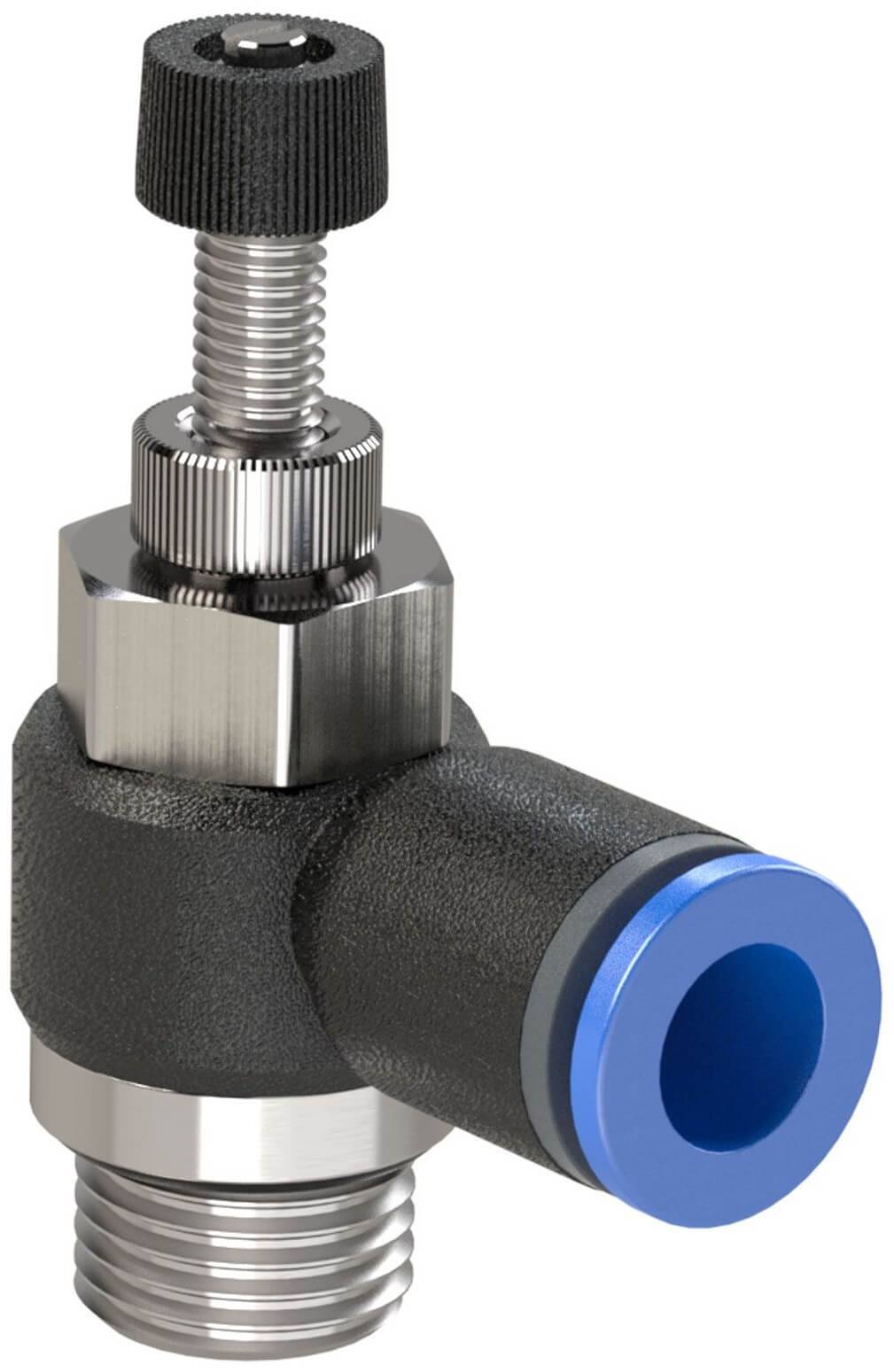 Drosel cu filet exterior cilindric si cupla push-in, reglaj cu surub, droselizare filet - furtun