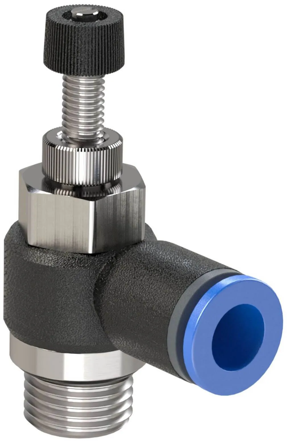 Drosel cu filet exterior cilindric si cupla push-in, reglaj cu surub, droselizare filet - furtun