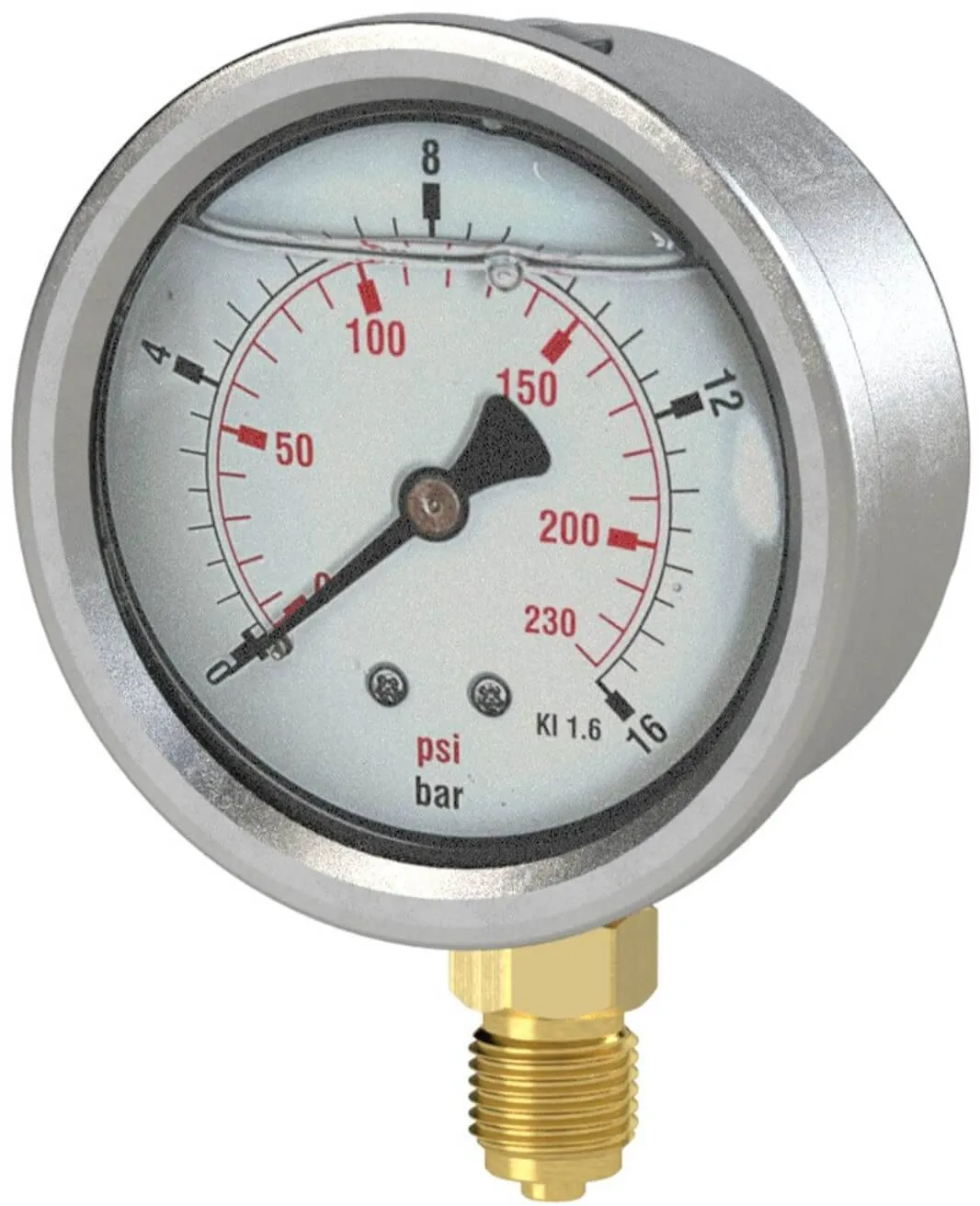 Manometru cu glicerina, inox / alama, bar/psi, atac radial BSP / NPT, Ø 63, 100