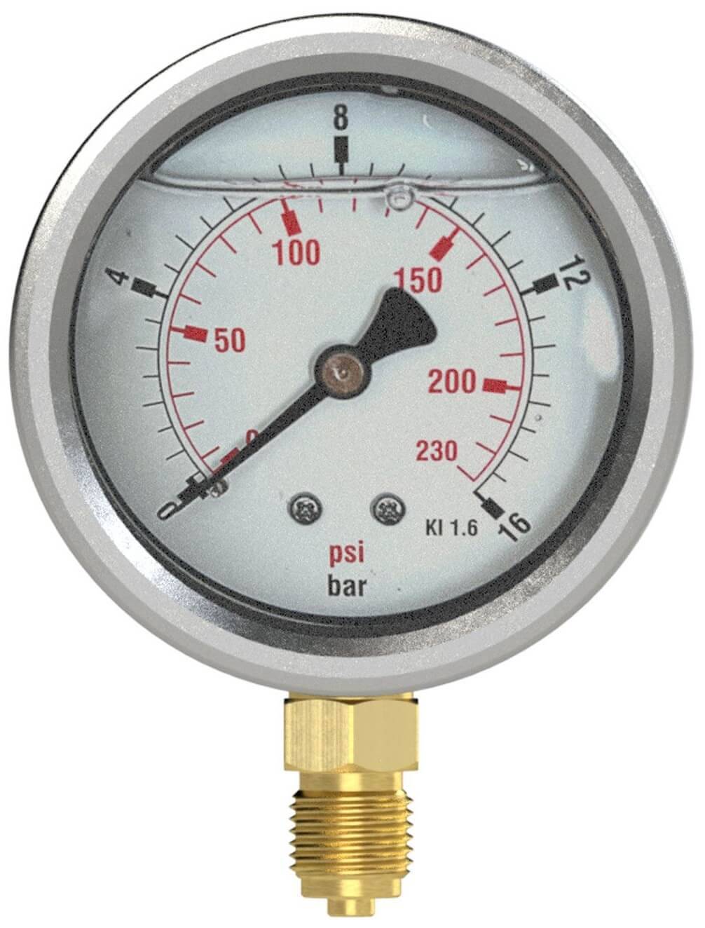 Manometru cu glicerina, inox / alama, 0 - 160 bar/ 0 - 2300 psi, G 1/4&QUOT; radial, Ø63