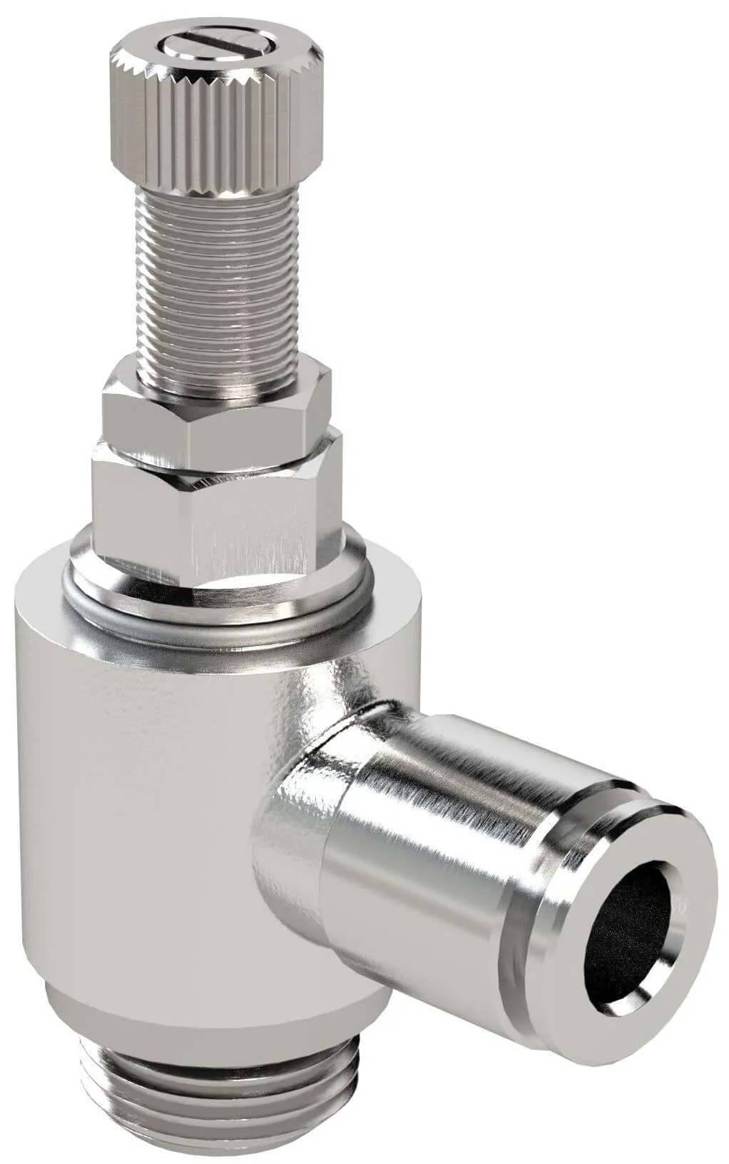 Drosel metalic cu filet exterior cilindric si cupla push-in, reglaj cu surub, droselizare furtun - filet