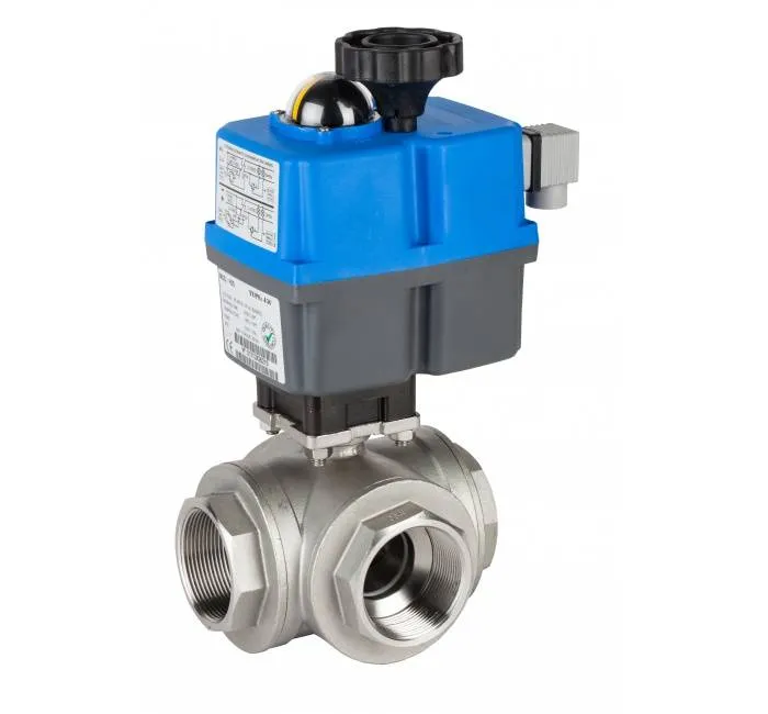 Robinet din inox cu bila, 3 cai, actuator electric, PN 63