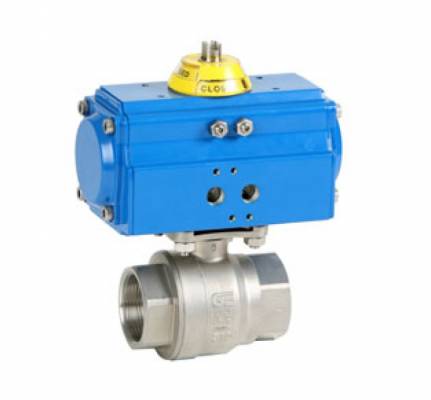 Robinet din inox cu bila, 2 piese, filete int. G 3/8, actuator pneumatic simpla actiune, PN 63