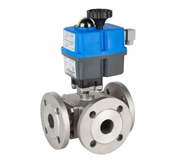 Robinet din inox cu bila, 3 cai, flanse PN16/40, actuator electric