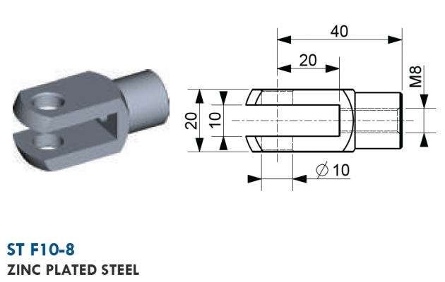 Furca cu filet interior M8, gaura 10 mm, L = 40 mm, otel zincat