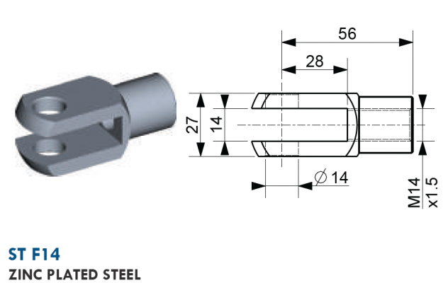 Furca cu filet interior M14, gaura 14 mm, L = 56 mm, otel zincat