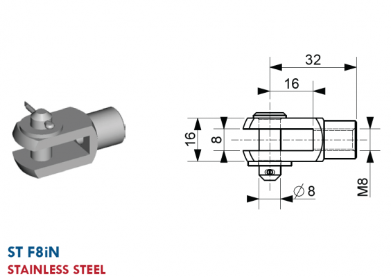 Furca cu filet interior M8, gaura 8 mm, L = 32 mm, inox