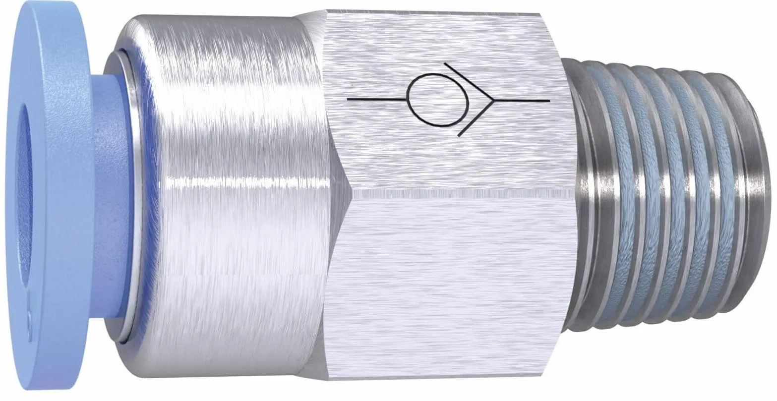 Supapa de sens push-in cu filet exterior conic etansat cu PTFE , sens filet - furtun